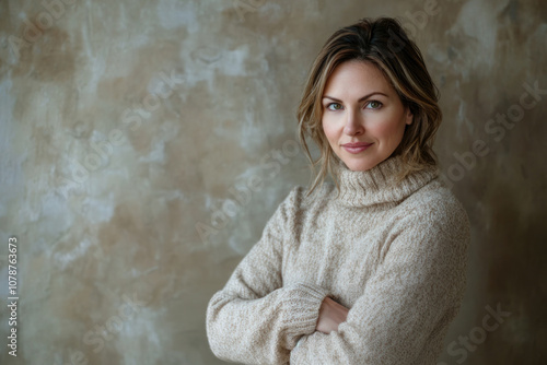 An elegant woman poses confidently with crossed arms, set against an autumn-toned, artistic backdrop. Her expression is poised and self-assured, exuding warmth and depth. photo