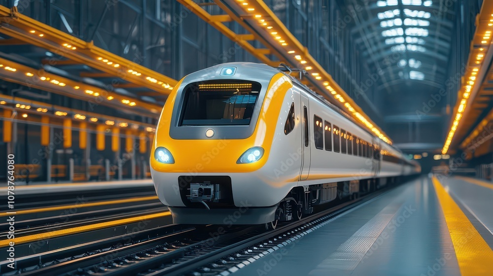 Naklejka premium A highspeed train elevated in a futuristic hangar, with robotic systems performing precision repairs on its components