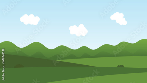 green nature landscape cartoon background. field and white cloud on blue sky background
