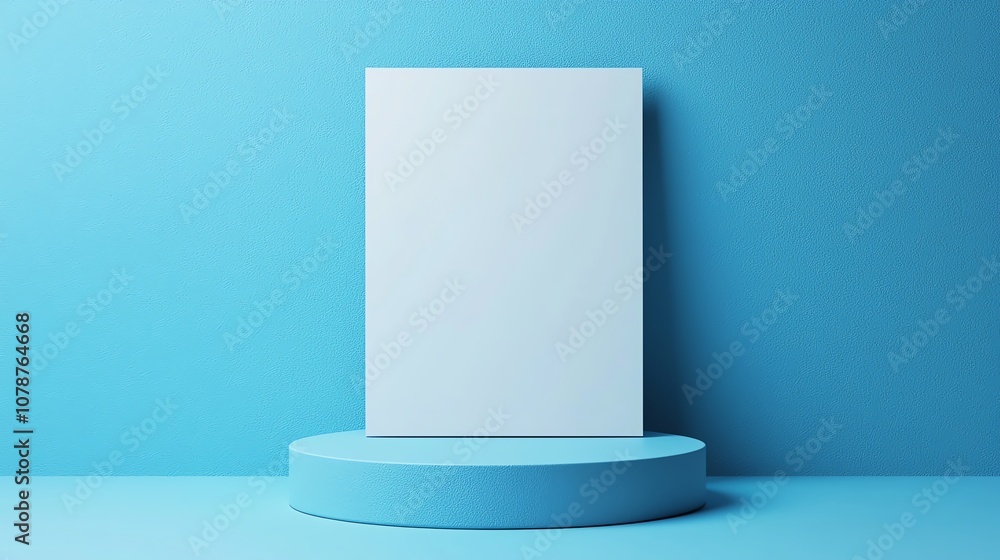 A blank canvas stands on a blue pedestal against a light blue background. Perfect for showcasing your design or artwork. A blank canvas stands on a blue pedestal against a light blue background. Perfect for showcasing your design or artwork.
