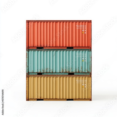 Stacked shipping containers in vibrant colors, showcasing industrial design and texture, ideal for transport and storage imagery. photo