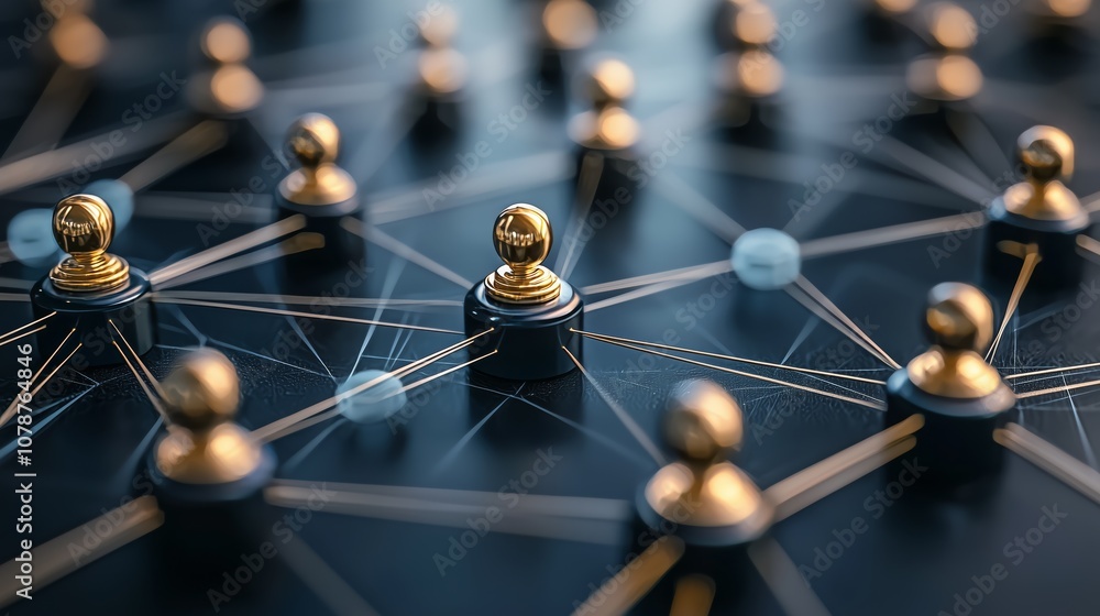 Conceptual digital network with golden game pieces connected by lines, representing collaboration, strategy, and connection in a virtual environment for business growth. Conceptual digital network with golden game pieces connected by lines, representing collaboration, strategy, and connection in a virtual environment for business growth.