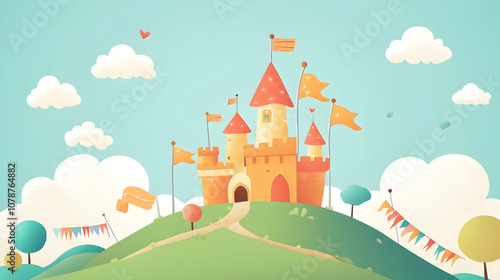 Cartoon illustration of a fairytale castle on a green hill with flags and trees.