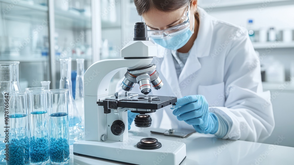 A scientist examines a specimen under a microscope in a laboratory, surrounded by glassware and research materials. A scientist examines a specimen under a microscope in a laboratory, surrounded by glassware and research materials.