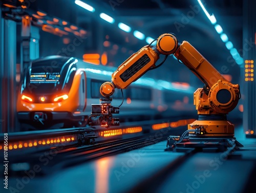 Drones and AIguided robotic arms performing safety checks on a highspeed train in a glowing neonlit maintenance facility photo