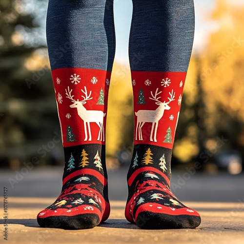 Celebrate the festive season with cozy holiday socks featuring reindeer and snowflakes for a fun look photo