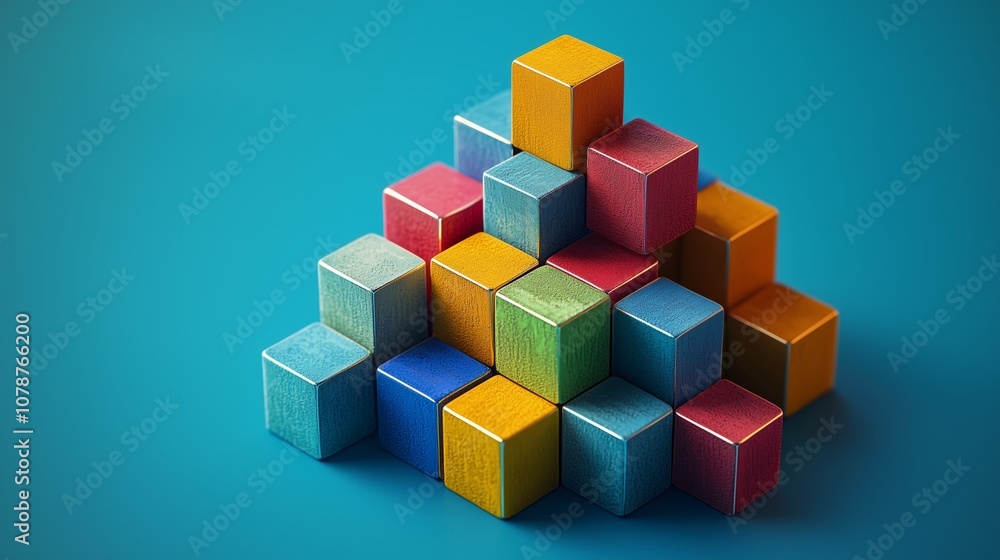 Colorful wooden blocks arranged in a pyramid shape on a vibrant blue background, showcasing various colors and sizes for creative design applications. Colorful wooden blocks arranged in a pyramid shape on a vibrant blue background, showcasing various colors and sizes for creative design applications.