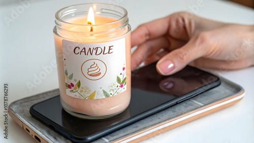 Mockup of Glass Jar Candle with Label, Burning Candle in Jar with Label Mockup
