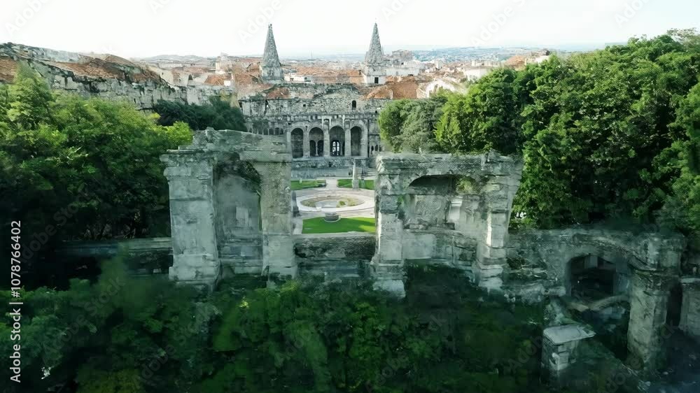 Exploring ancient ruins in a historic city surrounded by lush greenery and majestic spires at sunset Exploring ancient ruins in a historic city surrounded by lush greenery and majestic spires at sunset