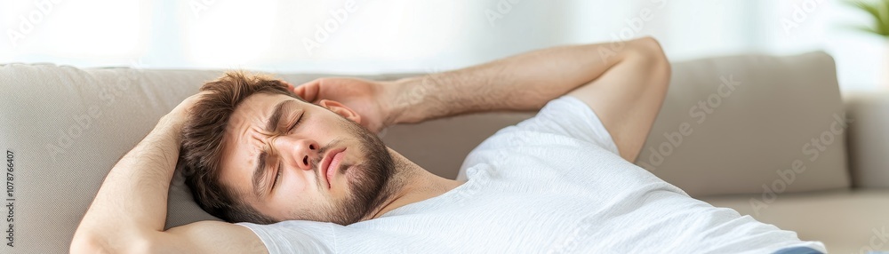 A relaxed man sits on a couch, appearing contemplative, with hands on his head, suggesting a moment of reflection or rest in a cozy environment. A relaxed man sits on a couch, appearing contemplative, with hands on his head, suggesting a moment of reflection or rest in a cozy environment.