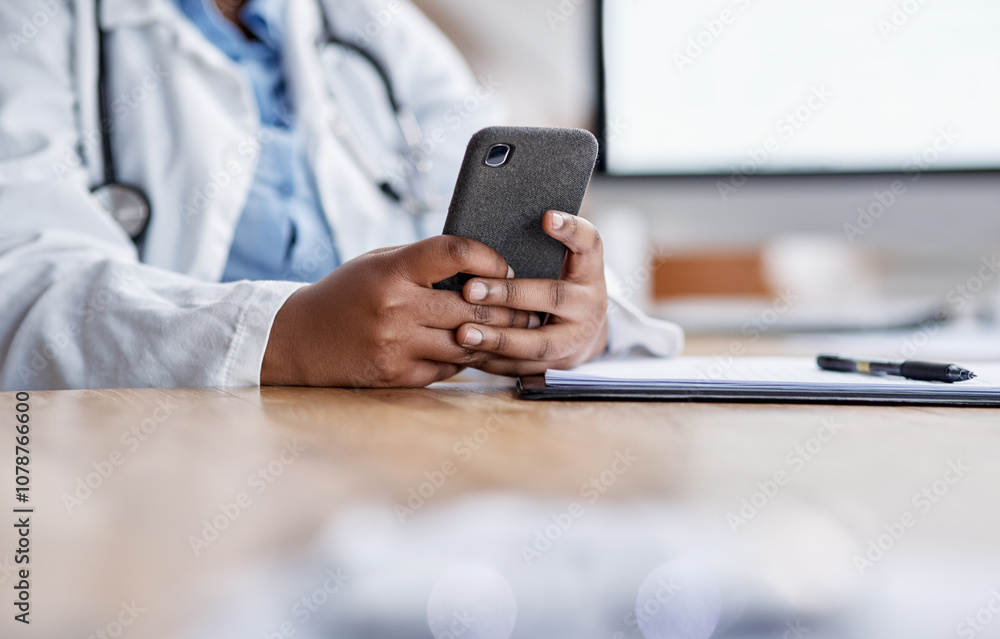 Hands, doctor and person with phone at hospital for medical research, consultation and Telehealth. Surgeon, mobile and typing with clipboard for healthcare diagnosis, prescription and results report Hands, doctor and person with phone at hospital for medical research, consultation and Telehealth. Surgeon, mobile and typing with clipboard for healthcare diagnosis, prescription and results report