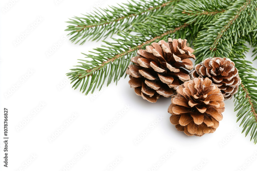 Fir tree branches adorned with pine cones, set against a crisp white background, evoking a serene winter ambiance.