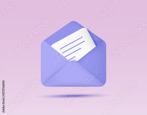 3d letter icon with document. Office document, email letter, notification concept