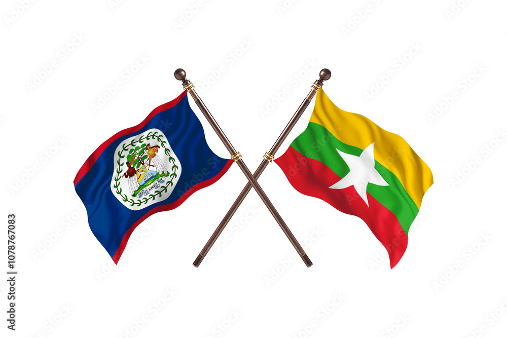 Belize Versus Burma  Two countries Flags background