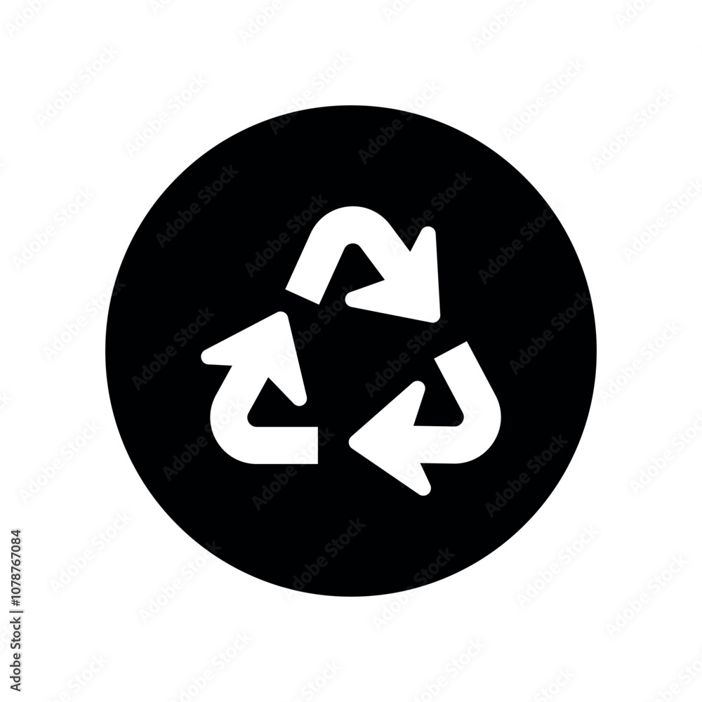 Recycle, waste, reuse vector symbol in black circle. Rotation arrow on white background. Flat recycling simple pictogram.
Recycle, waste, reuse vector symbol in black circle. Rotation arrow on white background. Flat recycling simple pictogram.