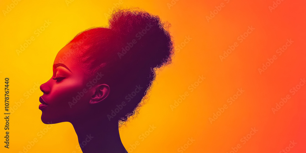Fototapeta premium Silhouette of a woman with natural hair against a vibrant gradient background at sunset