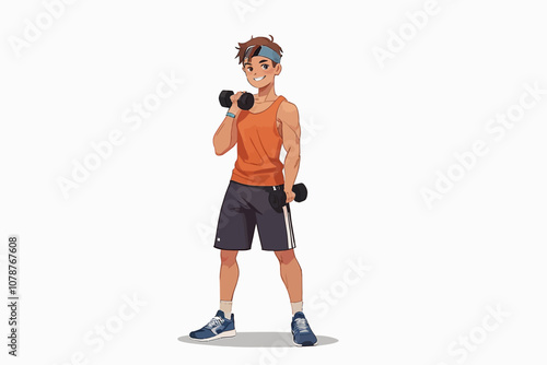  Young sporty man in headband working out with dumbbells looking at camera smiling