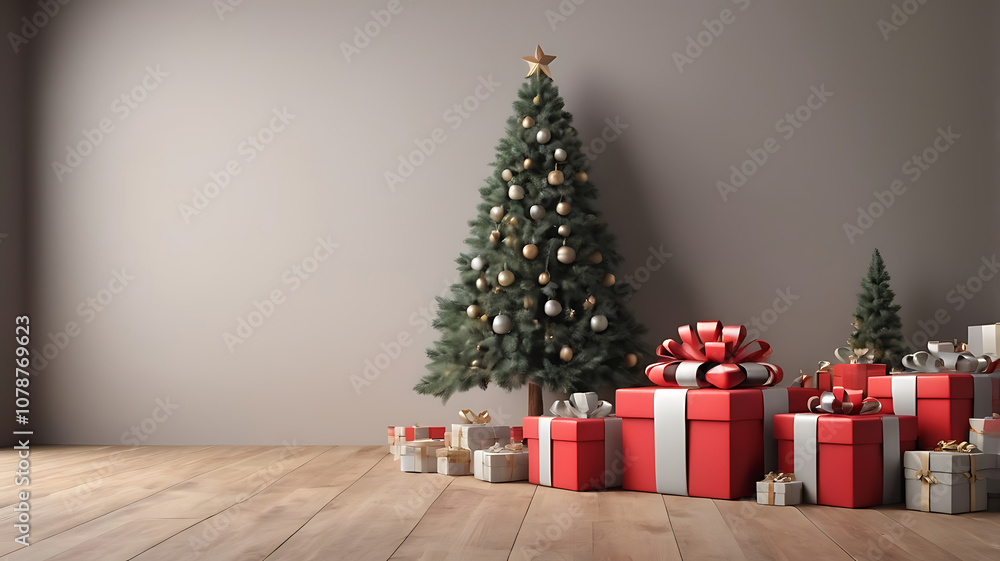 3D render festive Christmas tree boxes and Christmas gift decorations on wooden table background. 3D render festive Christmas tree boxes and Christmas gift decorations on wooden table background.