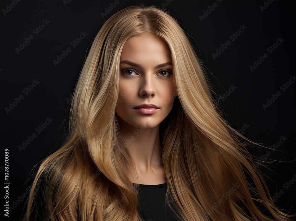 Close-up portrait of a woman with long, flowing blonde hair against a dark background, exuding elegance and beauty with a soft, natural expression. Close-up portrait of a woman with long, flowing blonde hair against a dark background, exuding elegance and beauty with a soft, natural expression.