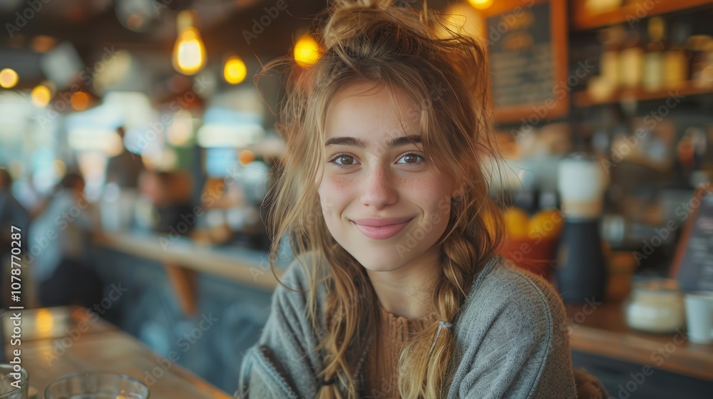 Teenage girl relaxing with friends at a local cafa, chatting and laughing. The cozy, social setting captures the essence of casual teenage life. Teenage girl relaxing with friends at a local cafa, chatting and laughing. The cozy, social setting captures the essence of casual teenage life.