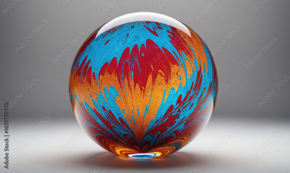 A glass sphere with a swirled design of red, orange, and blue sits on a white surface A glass sphere with a swirled design of red, orange, and blue sits on a white surface