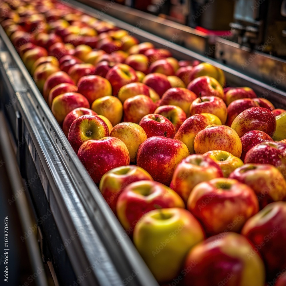 Industrial Apple Processing Line with Vibrant Fresh Apples on Conveyor Belt Industrial Apple Processing Line with Vibrant Fresh Apples on Conveyor Belt