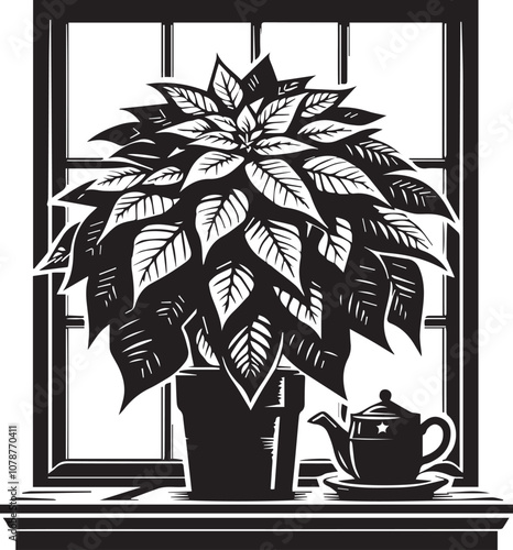 Classic Poinsettia in Windowsill. A striking black and white woodcut illustration of a poinsettia plant in a terracotta pot, sitting on a windowsill.