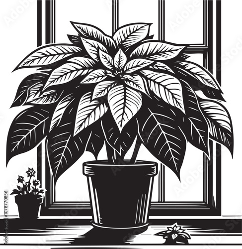 Classic Poinsettia in Windowsill. A striking black and white woodcut illustration of a poinsettia plant in a terracotta pot, sitting on a windowsill.