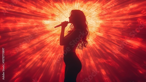  Captivating female singer silhouetted on stage with microphone, surrounded by radiant red lights and smoke, creating a dynamic and atmospheric concert setting filled with energy.