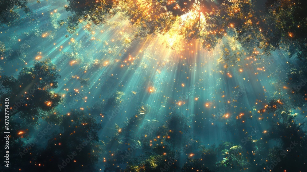 Golden light streams through the canopy of a lush forest, illuminating the air with a magical glow. Golden light streams through the canopy of a lush forest, illuminating the air with a magical glow.