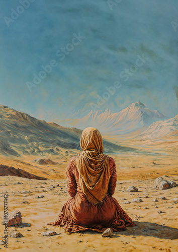 An Israelite woman from the Bible sitting in the desert in thoughtful prayer looking at distant mountains
