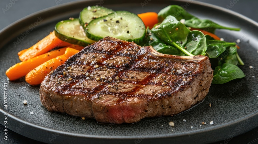 A perfectly grilled steak served with roasted carrots, cucumbers, and spinach on a black plate. A perfectly grilled steak served with roasted carrots, cucumbers, and spinach on a black plate.
