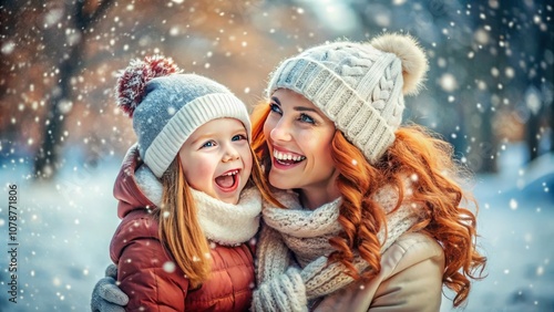 Happy family, mother and daughter wearing a warm winter clotes surrounded with snowflakes in snow park. Winter holidays concept