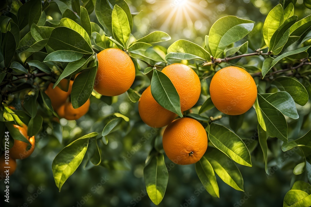 Ripe oranges on a tree branch surrounded by dense green leaves with sunlight casting a warm glow, AI Generated Ripe oranges on a tree branch surrounded by dense green leaves with sunlight casting a warm glow, AI Generated