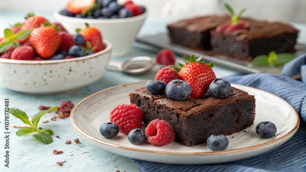 Indulge in Decadent Brownies with Fresh Berries on a Beautiful Plate, Perfect for Dessert Lovers and Food Photography Enthusiasts Indulge in Decadent Brownies with Fresh Berries on a Beautiful Plate, Perfect for Dessert Lovers and Food Photography Enthusiasts