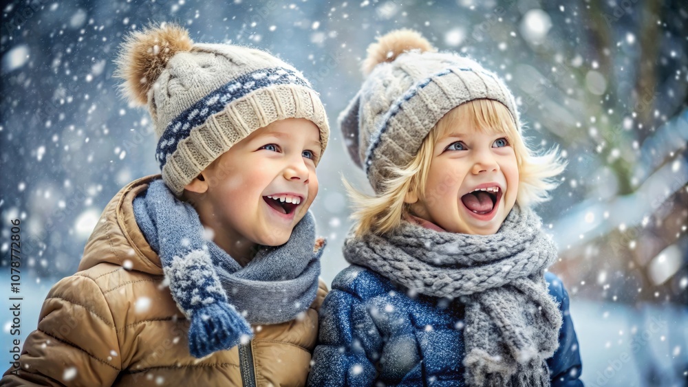 Cute happy kids wearing a warm winter clotes surrounded with snowflakes. Winter holidays concept Cute happy kids wearing a warm winter clotes surrounded with snowflakes. Winter holidays concept