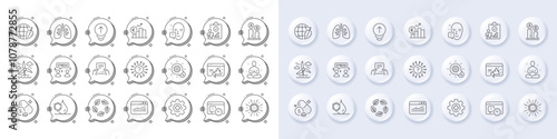Receive file, Environment day and Face attention line icons. White pin 3d buttons, chat bubbles icons. Pack of Yoga, Lungs, Waterproof icon. Medicine, Organic tested, Question mark pictogram. Vector
