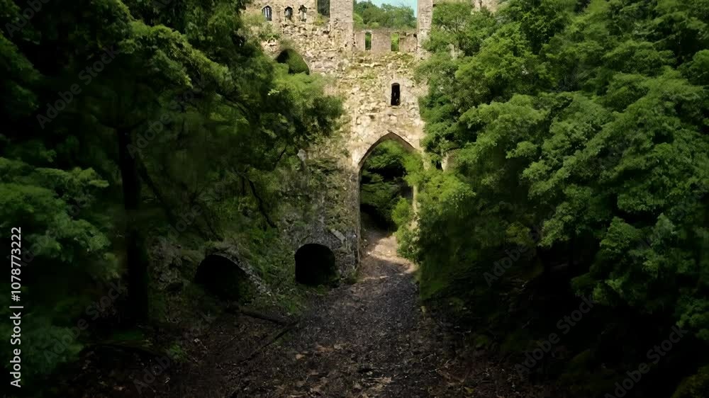 Exploring the mysterious forest path leading to an ancient stone archway surrounded by lush greenery Exploring the mysterious forest path leading to an ancient stone archway surrounded by lush greenery