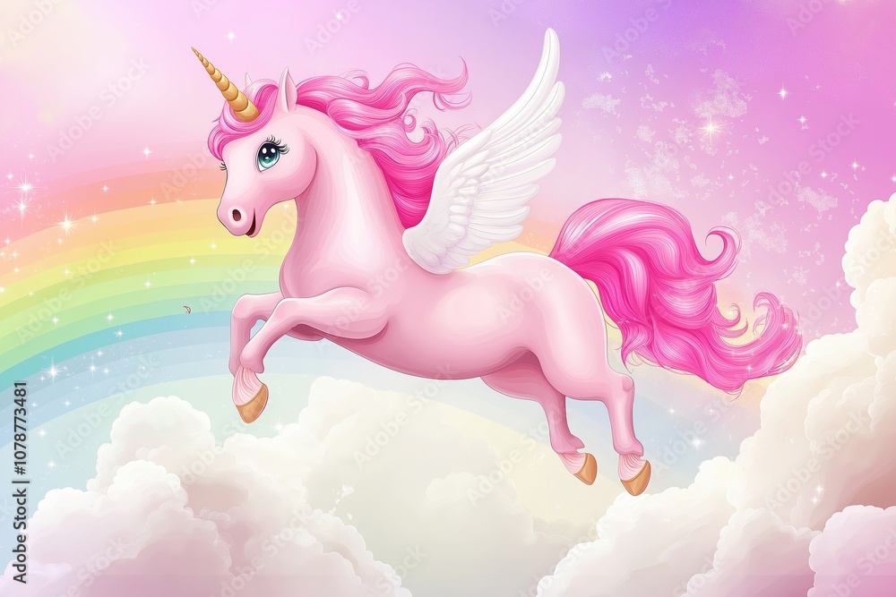 A unicorn with a rainbow in the background. The unicorn is flying high in the sky. Scene is whimsical and magical A unicorn with a rainbow in the background. The unicorn is flying high in the sky. Scene is whimsical and magical