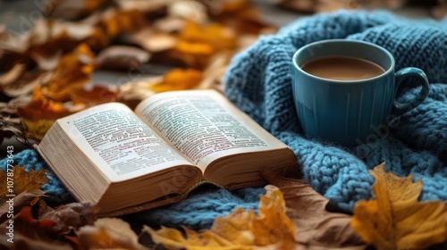 A cozy scene featuring a book, a cup of coffee, and autumn leaves on a soft blanket.