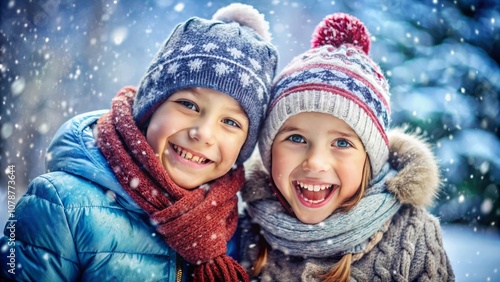 Cute happy children wearing a warm winter clotes surrounded with snowflakes. Winter holidays concept