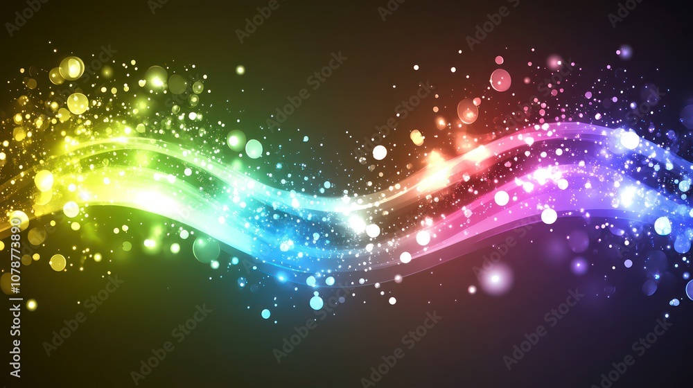 Abstract colorful wave with glowing sparkles on dark background. Abstract colorful wave with glowing sparkles on dark background.