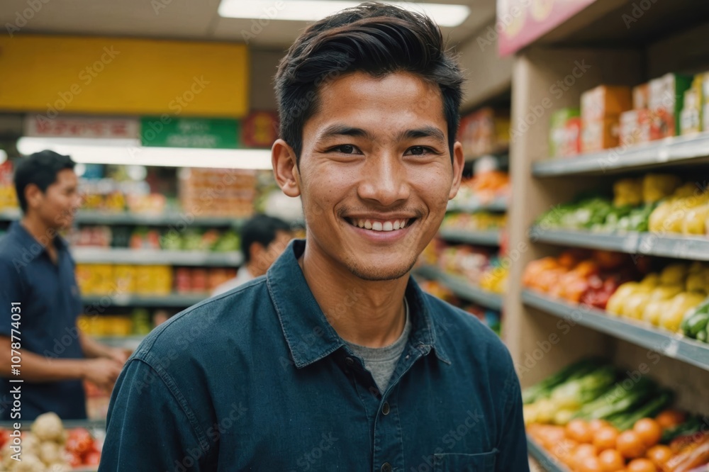 Close portrait of a smiling young Bhutanese male grocer standing and looking at the camera, Bhutanese grocery store blurred background Close portrait of a smiling young Bhutanese male grocer standing and looking at the camera, Bhutanese grocery store blurred background