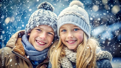 Cute happy children wearing a warm winter clotes surrounded with snowflakes. Winter holidays concept