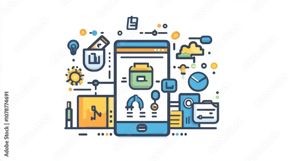 A smartphone with various icons representing different functions, including finances, time management, data, and technology. A smartphone with various icons representing different functions, including finances, time management, data, and technology.