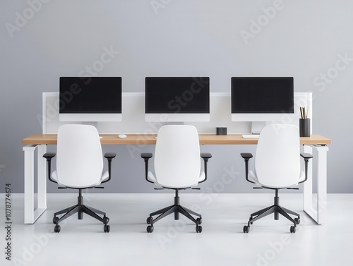 Minimalist office with an openplan layout, white desks, and light wood accents, creating a clean and efficient management space