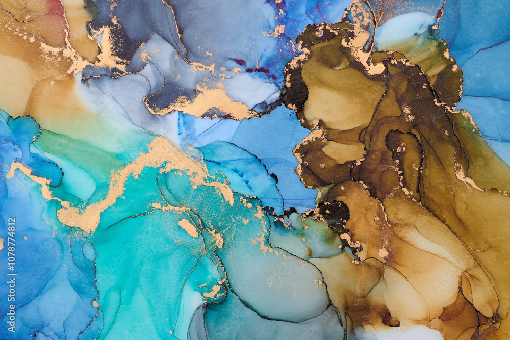Naklejka premium Soft waves of translucent color meet shimmering gold accents in abstract art, fluid shapes create a dynamic landscape. The liquid ink technique create depth and movement, both spontaneous and refined