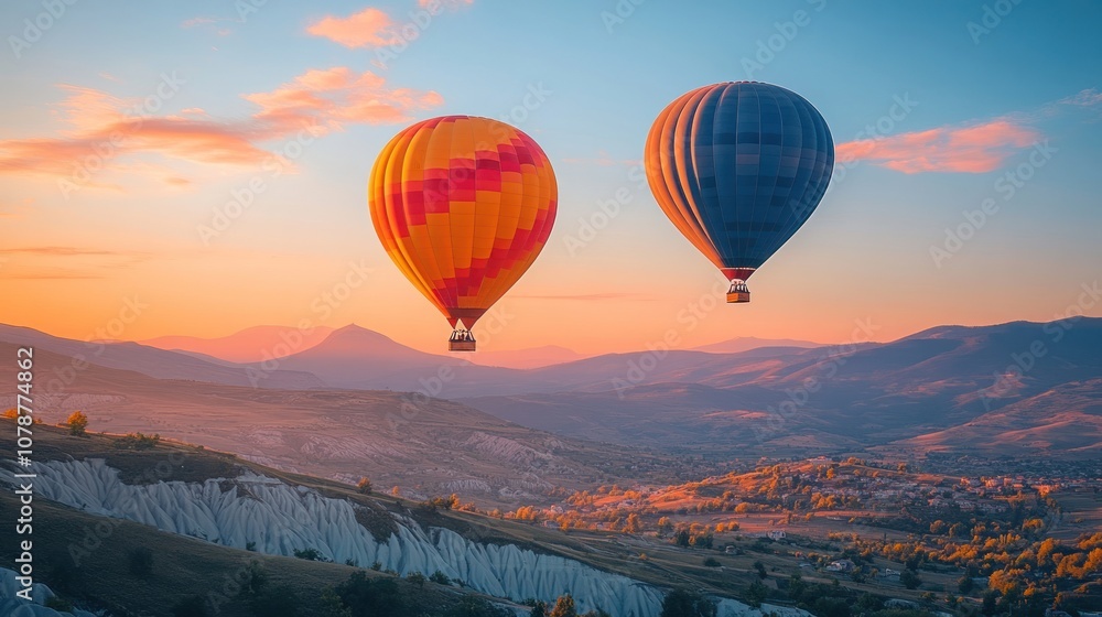 Obraz premium Hot Air Balloons Soaring Over Majestic Mountain Landscape