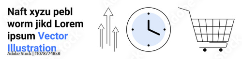 Clock with blue outer circle, three black upward arrows, and a shopping cart with black lines. Ideal for business growth, productivity, time management, retail, e-commerce, presentations. Banner