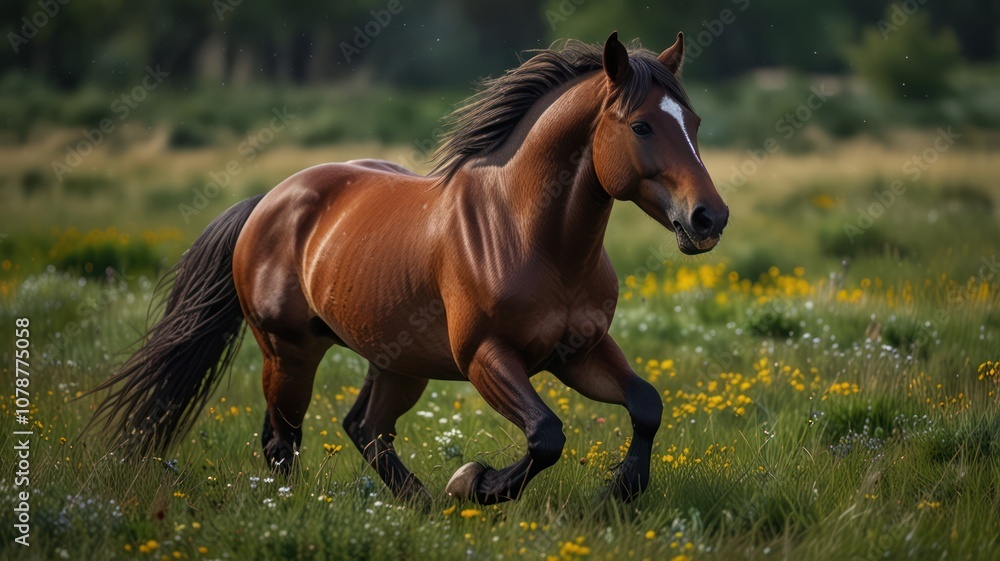 A bay horse runs through a field of wildflowers. A bay horse runs through a field of wildflowers.
